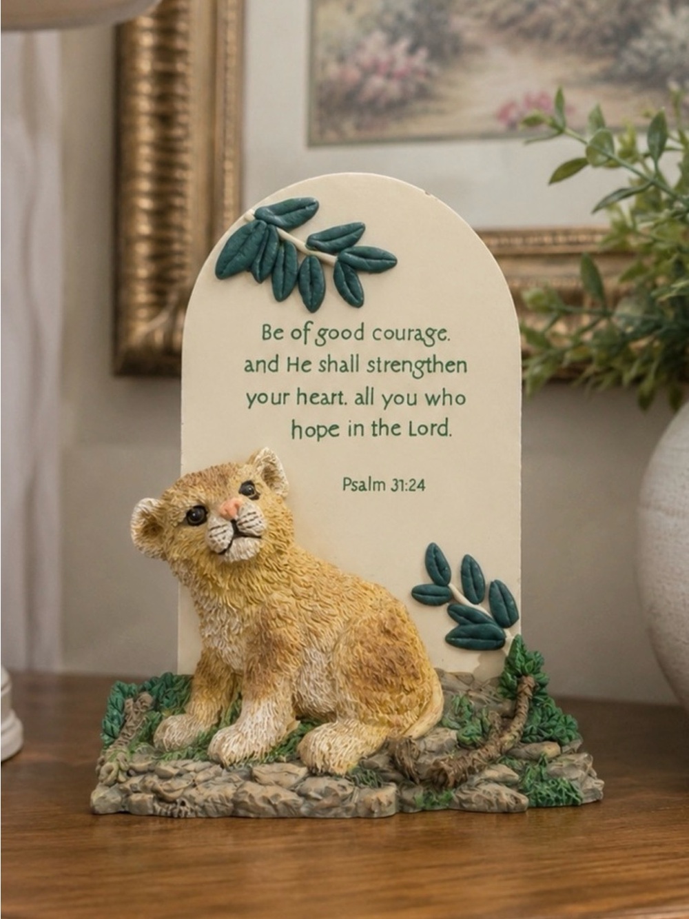 Psalm 31:24 Lion Cub Standing Plaque - Cream and Tan
